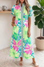 Robe mi-longue fleurie boutonnée manches bouffantes