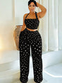 Ensemble caraco à pois col halter et pantalon liseré à franges