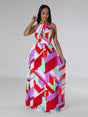 Robe longue plissée imprimé géométrique col halter