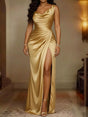 Robe longue en satin col bénitier fendue — grandes tailles