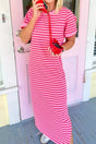 Stripe Striped Short Sleeve Scalloped Trim Side Slit Maxi Tee Dress