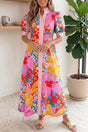 Robe longue fleurie boutonnée manches courtes
