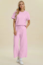 Double Take Full Size Texture Round Neck Short Sleeve Top and Pants Set