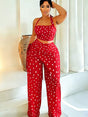 Ensemble caraco à pois col halter et pantalon liseré à franges