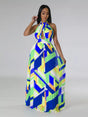 Robe longue plissée imprimé géométrique col halter