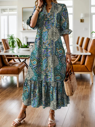 Robe mi-longue bohème imprimée cachemire ourlet volanté — grandes tailles
