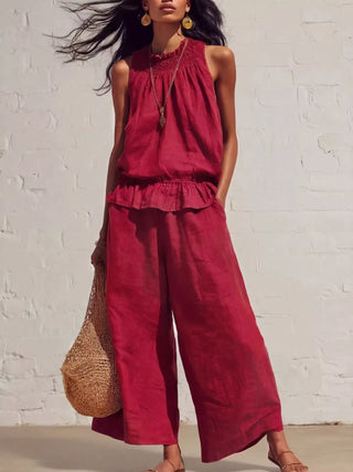 Ensemble top smocké ourlet volanté et pantalon large