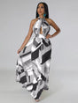 Robe longue plissée imprimé géométrique col halter
