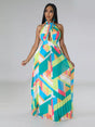 Robe longue plissée imprimé géométrique col halter